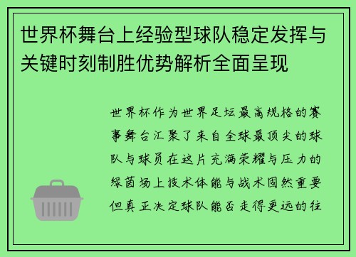 世界杯舞台上经验型球队稳定发挥与关键时刻制胜优势解析全面呈现